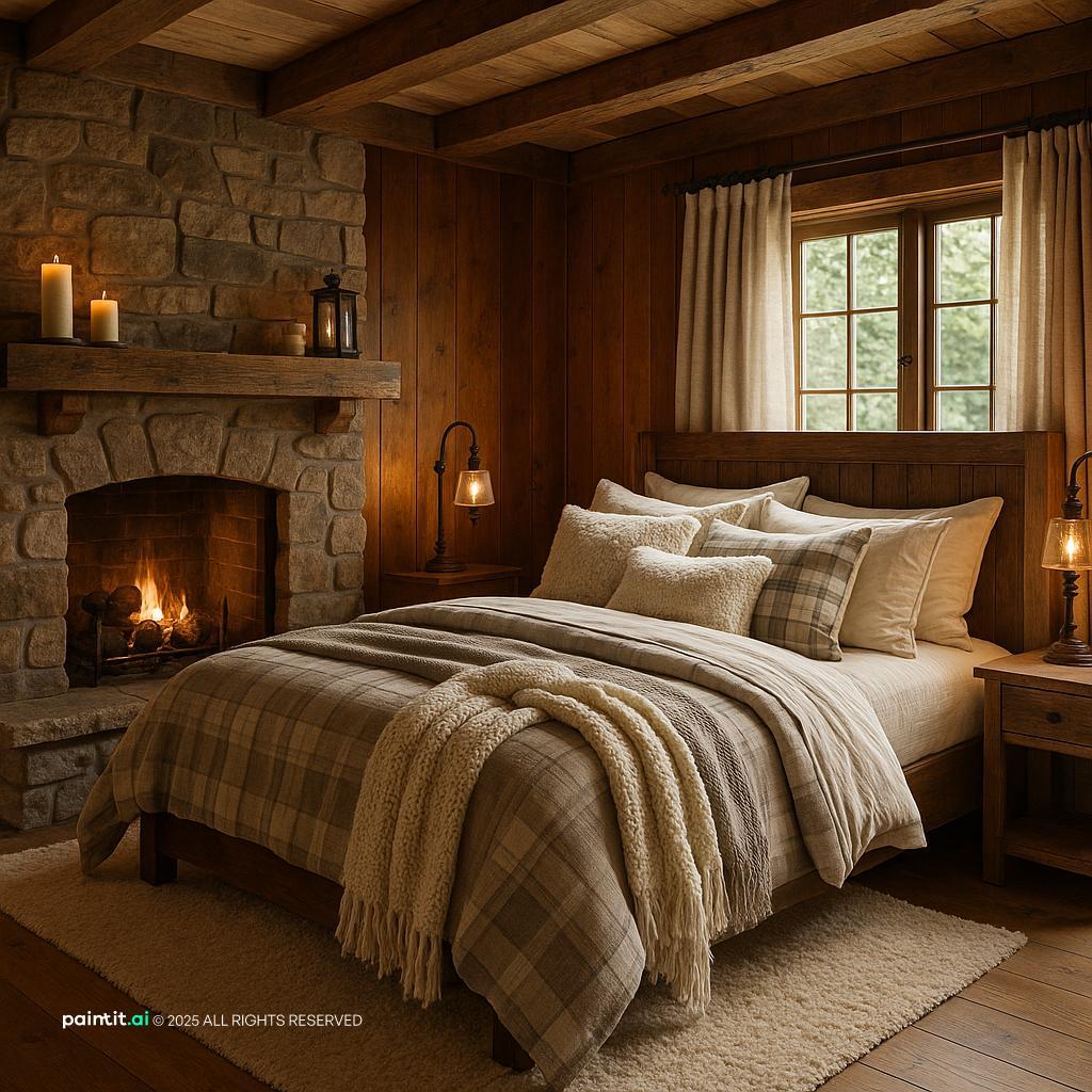 Bedroom with a stone fireplace wall, a bed layered in knit throws and wood-framed windows