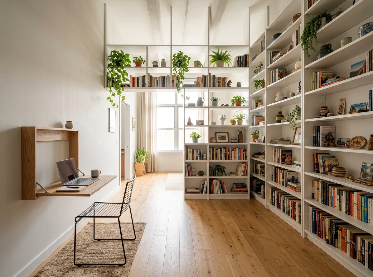 Studio apartment with floor-to-ceiling white shelving covering the back wall, wall-mounted fold-down desk, and clear floor space below