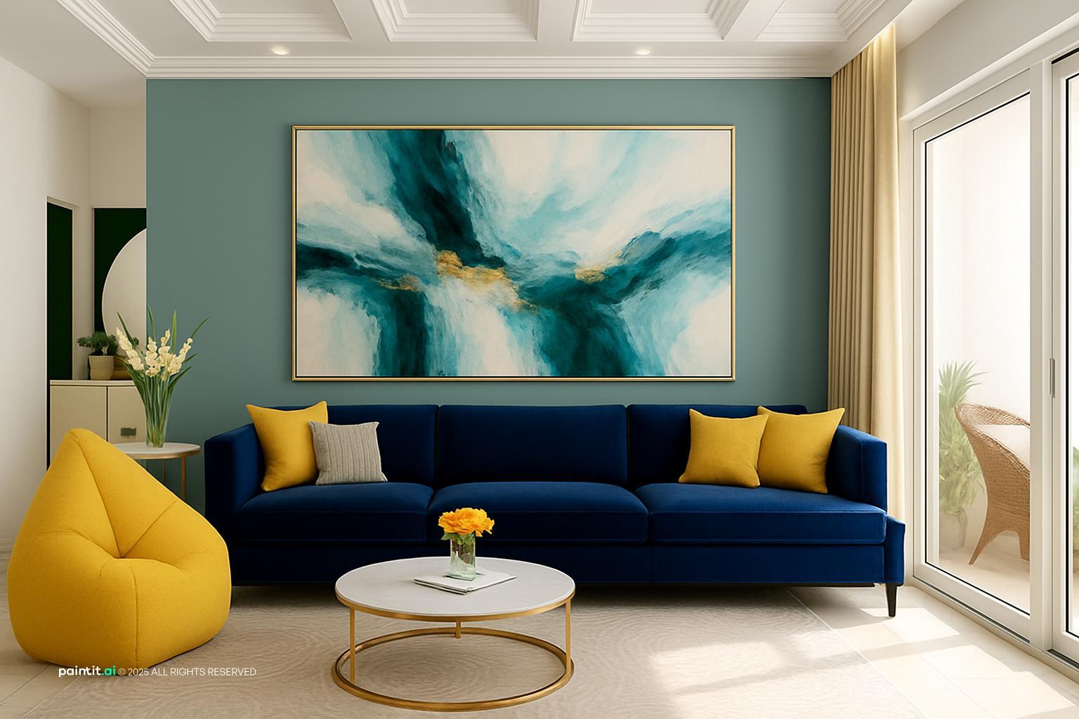 Living room with a navy sofa, yellow cushions, a yellow beanbag and teal abstract art