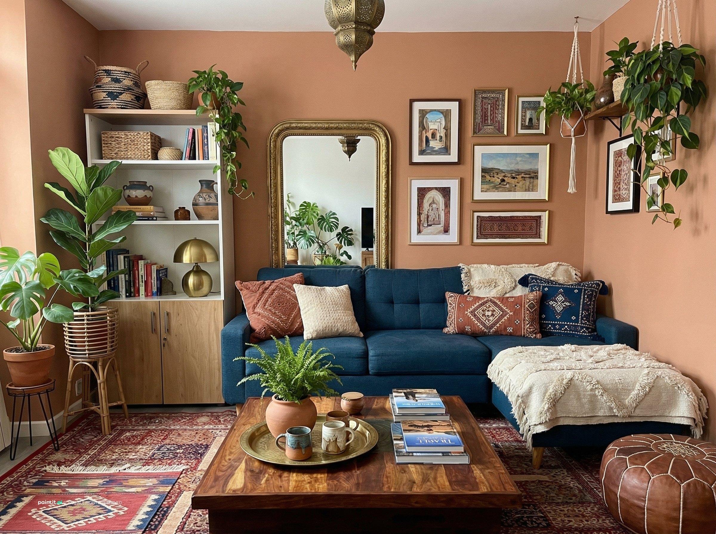 Living room with a navy sofa, burnt orange and rust textiles, dark wood, a patterned rug and brass details
