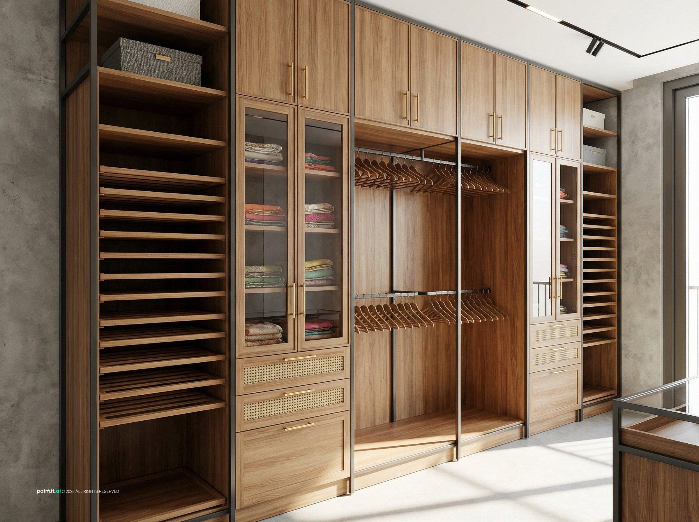 Wooden display wall with open racks and shelves sized for folded sarees