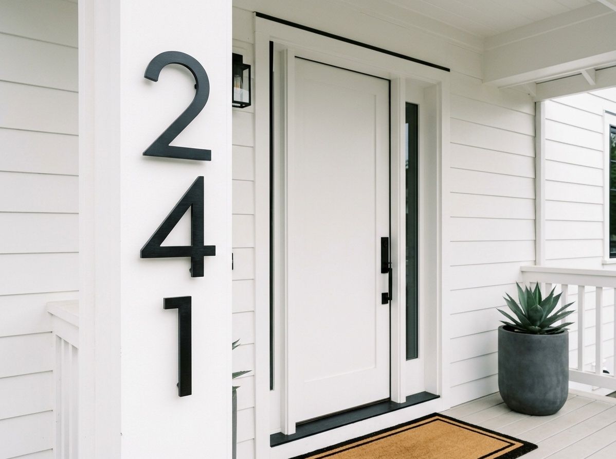 Modern front porch with large matte black vertical house numbers  in a clean sans-serif font mounted on white siding beside the door