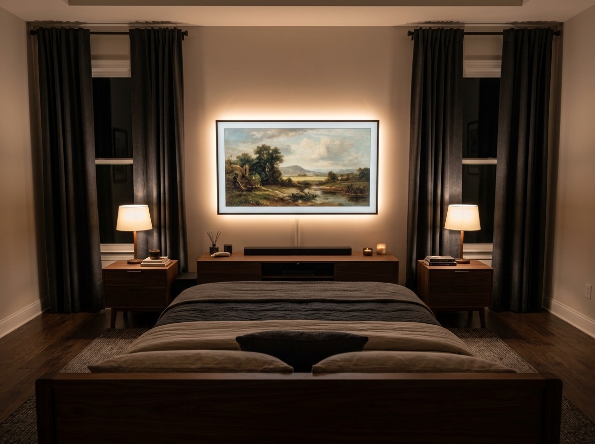 Master bedroom entertainment hub with king bed facing a wall-mounted  frame TV on a dark walnut media console with soft LED backlighting