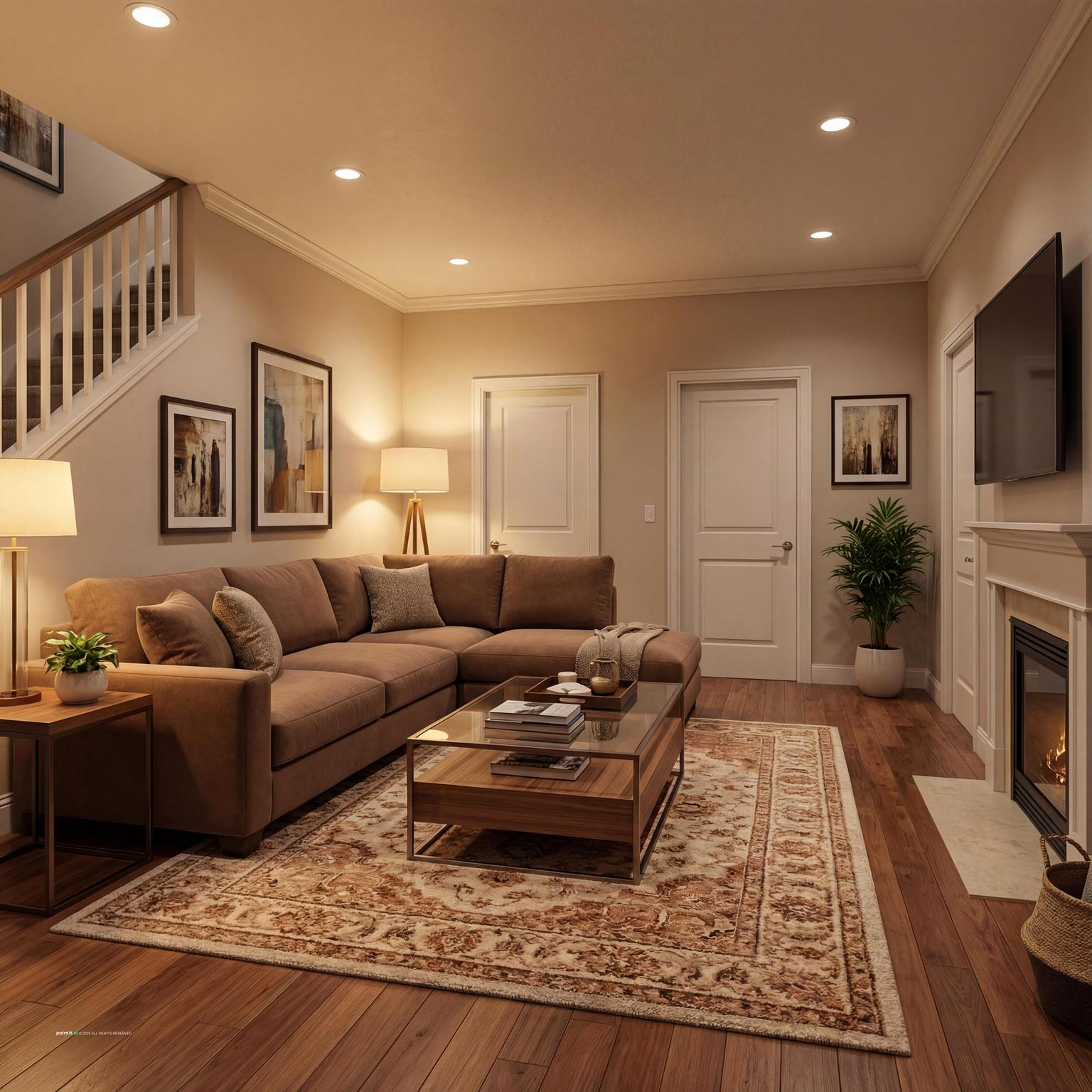Living room with a tan sectional, a staircase and a traditional rug