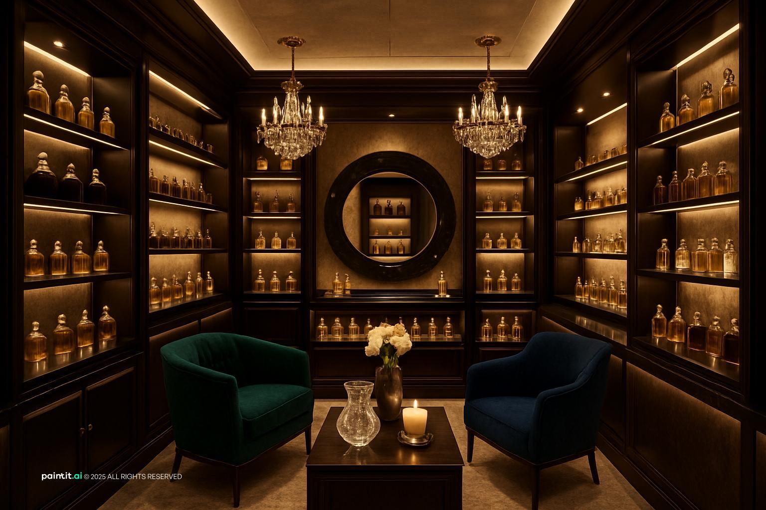 Perfume shop with floor-to-ceiling lit shelving, a round mirror and two velvet armchairs