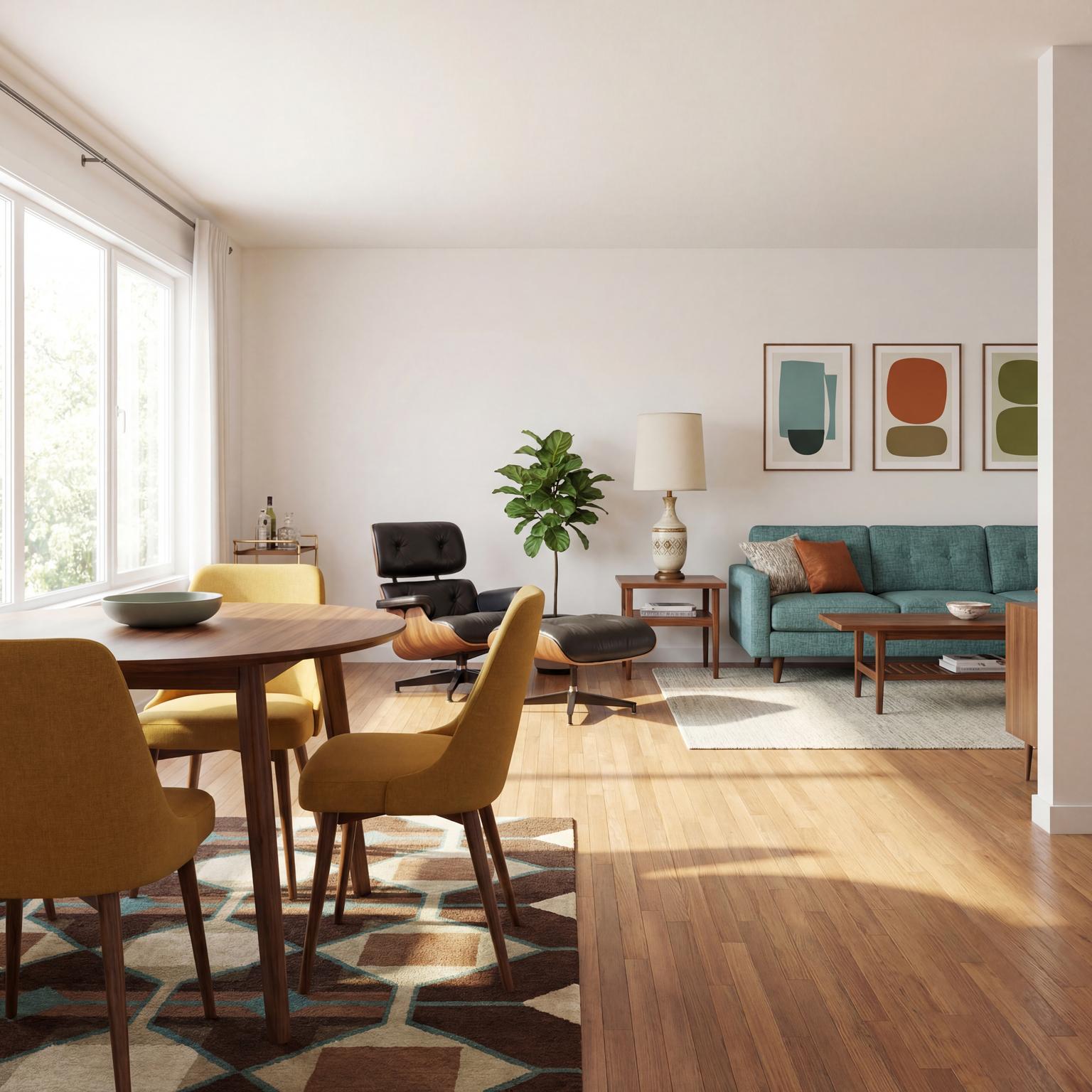 70s lowered living room and dining area, mid-century modern inspiration, integrated seating, warm wood, retro style.