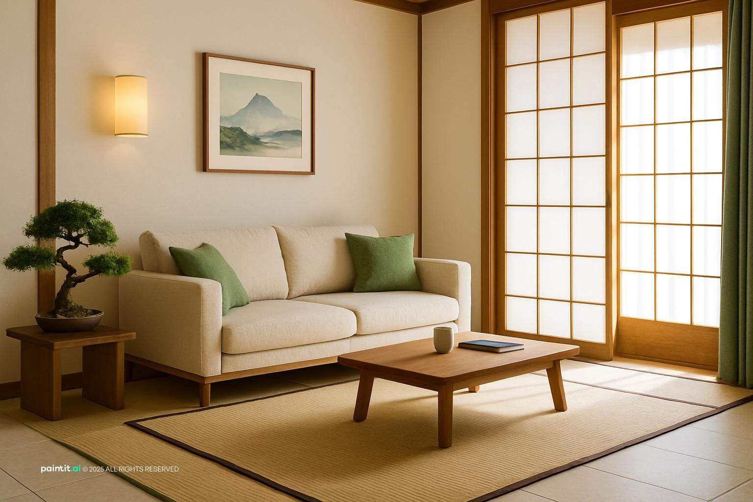 Japanese Living Room Design with clean lines and a calm living room atmosphere.