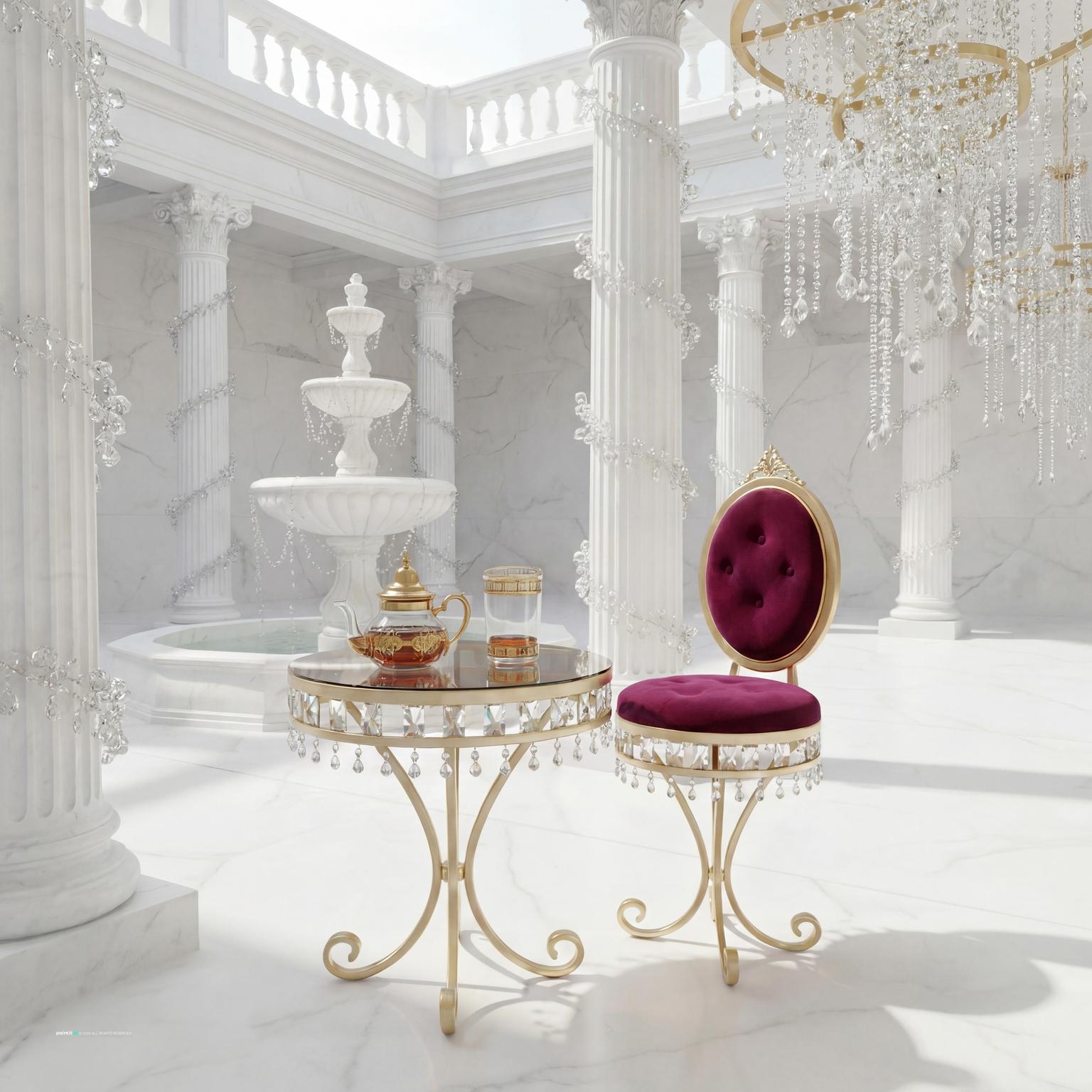 Roman-inspired white courtyard with columns, a central fountain and a small table with velvet chairs