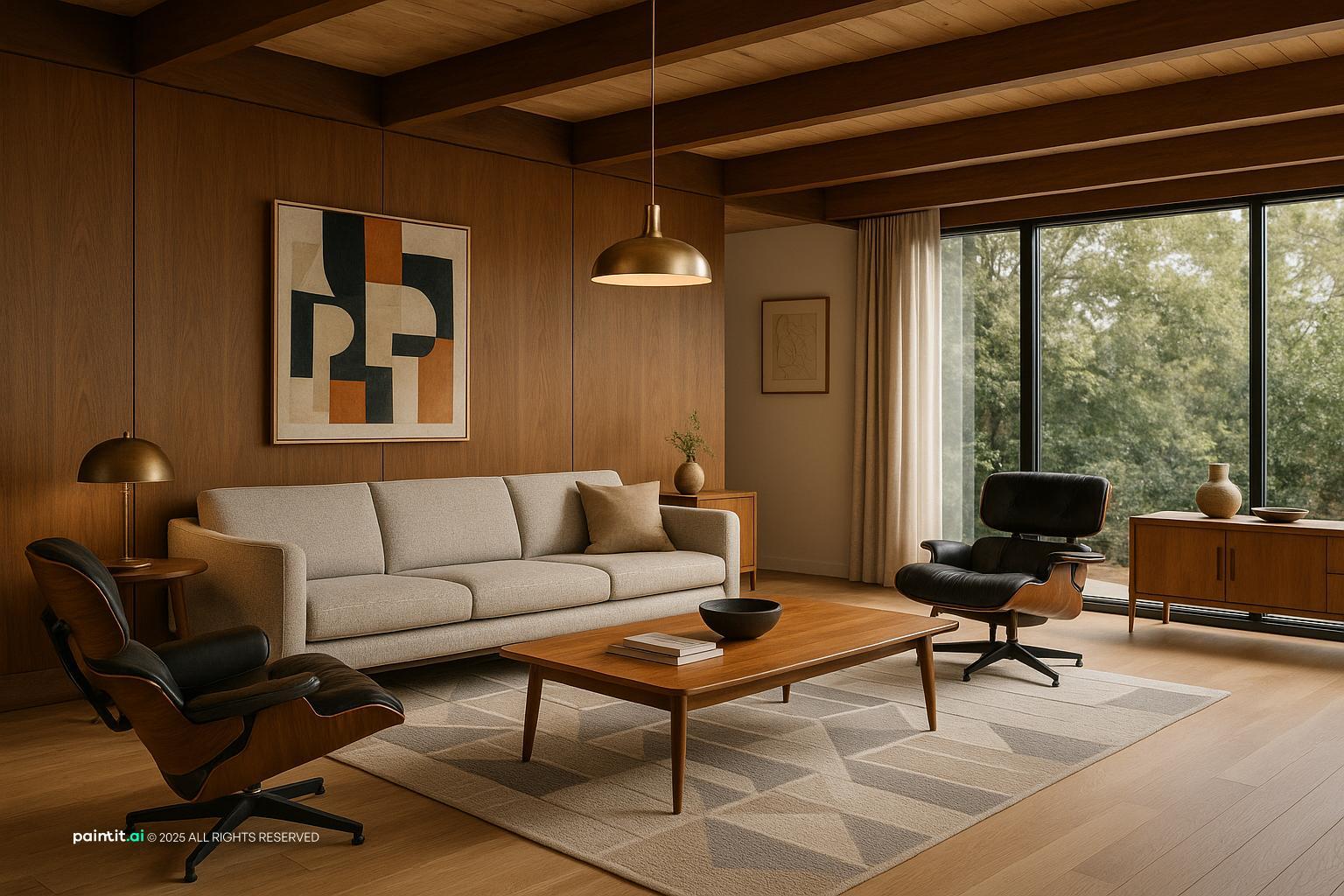 Ultra-photorealistic Midcentury Modern wine red living room, award-winning comfortable yet sleek design.