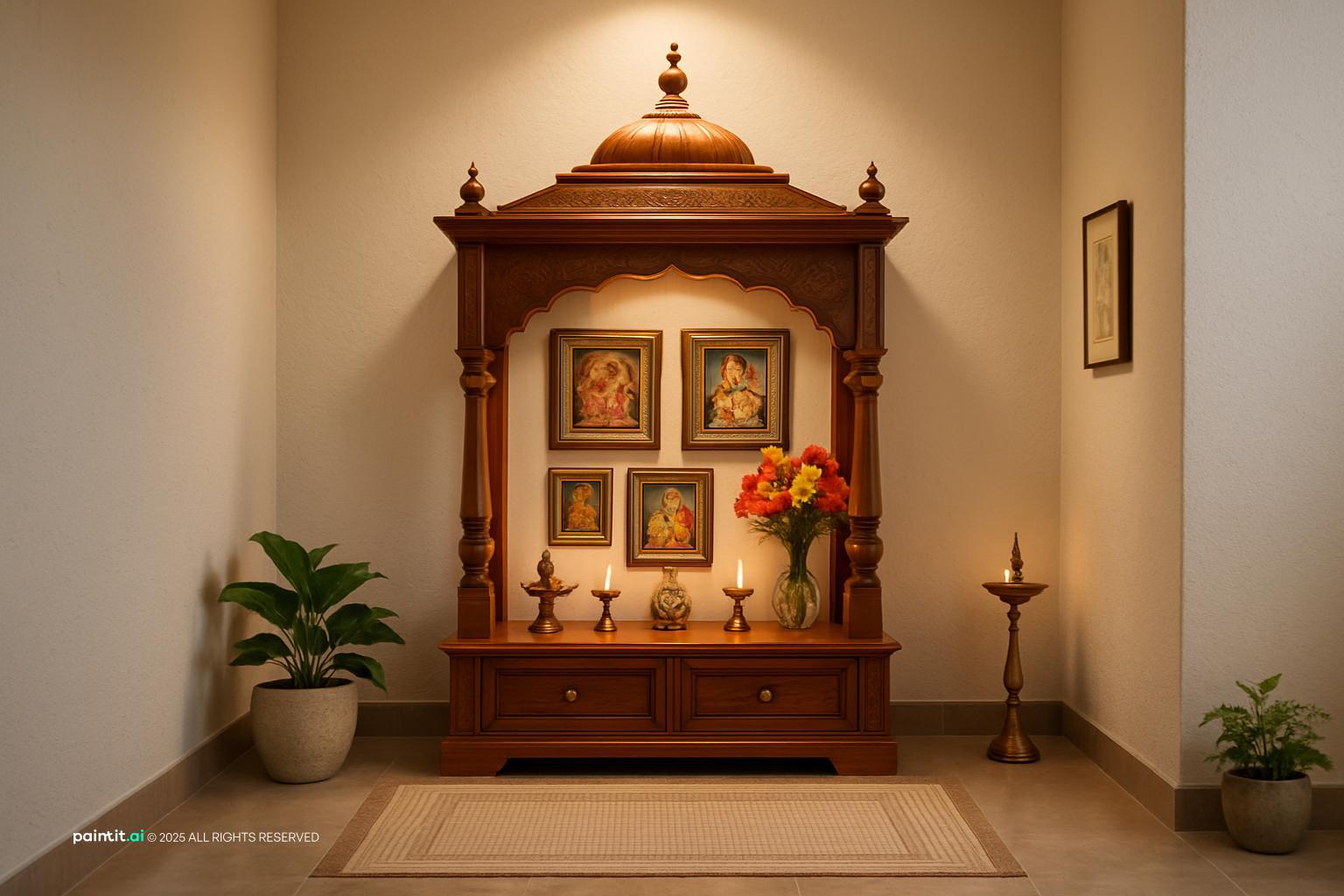 Home pooja corner with a carved wooden mandir, framed deity images, brass lamps and flowers