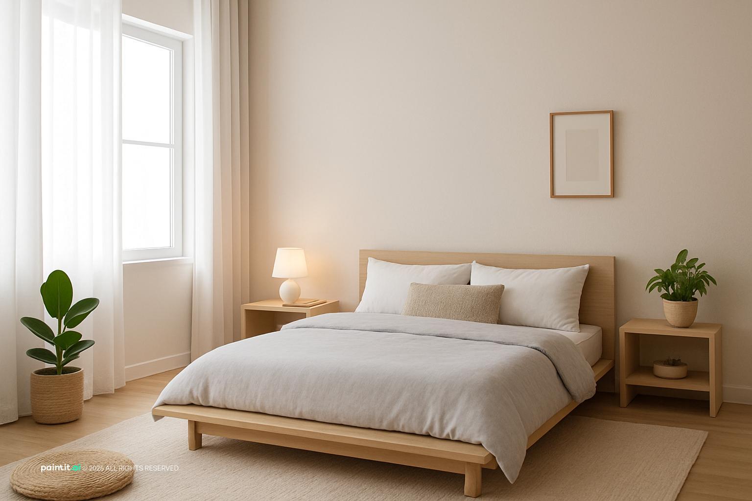 Korean minimalist bedroom with low bed, soft beige palette, and uncluttered layout