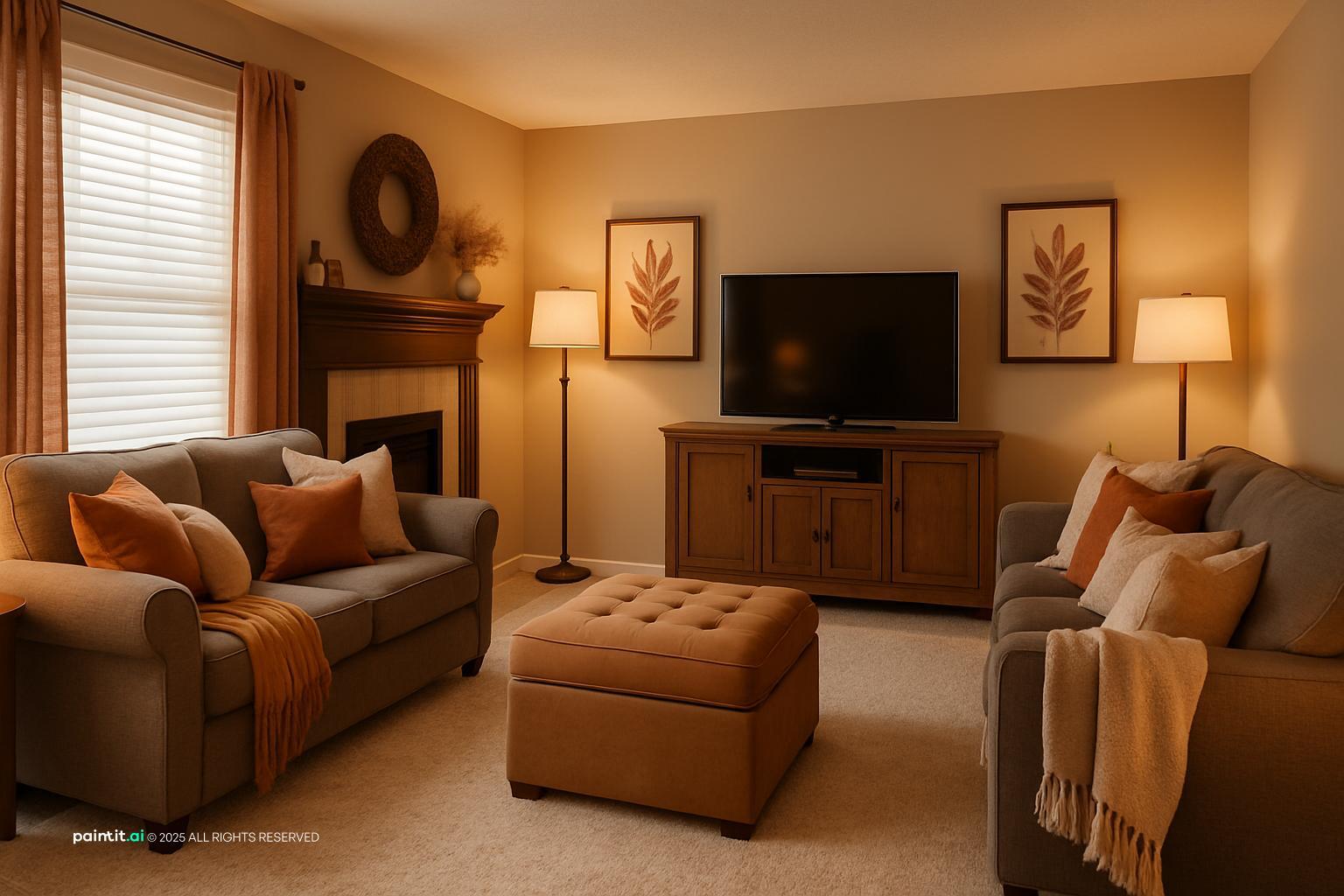 Earthy living room with brown sofas, rust cushions, an ottoman and warm lamps