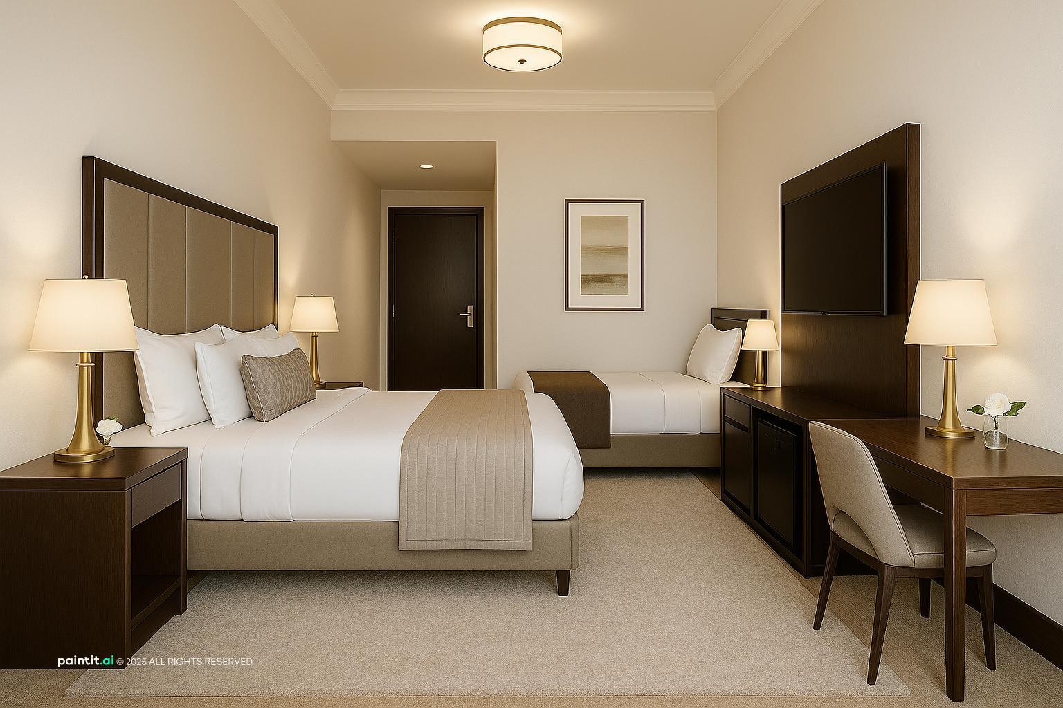 Narrow hotel room with a double bed and a single bed, a desk with a TV, a mini fridge and a plain carpet