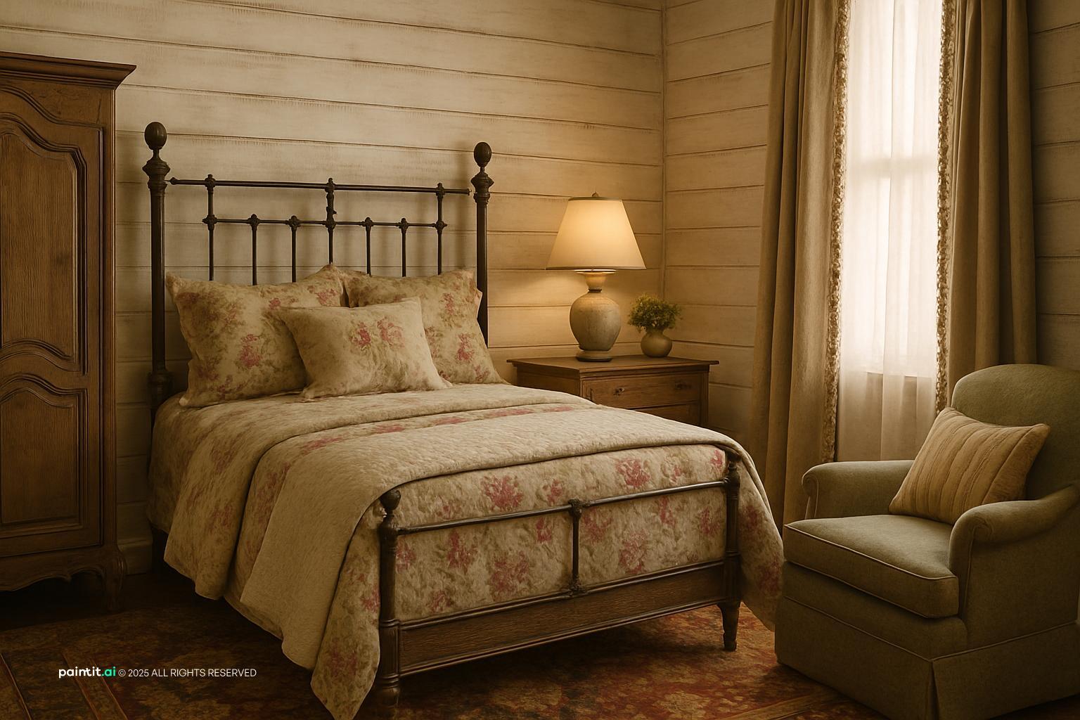 Bedroom with painted wood-plank walls, an iron bed, a floral quilt and an upholstered armchair
