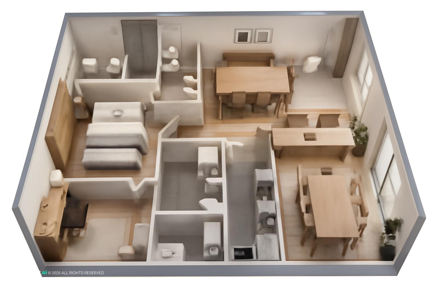 2 bedroom house full interior layout with bedroom, living room, kitchen, and office