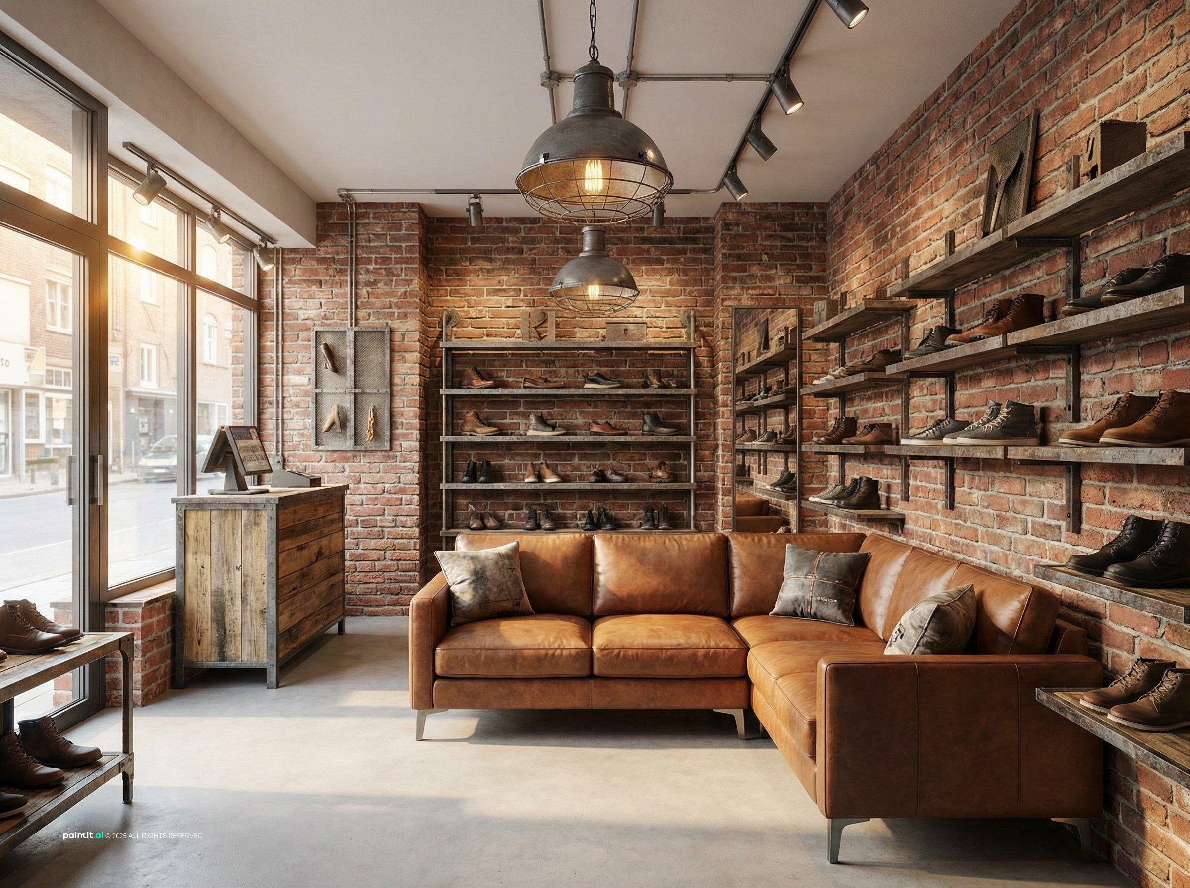 Industrial shoe shop with exposed brick walls, wooden shelves, pendant lights and a leather sofa