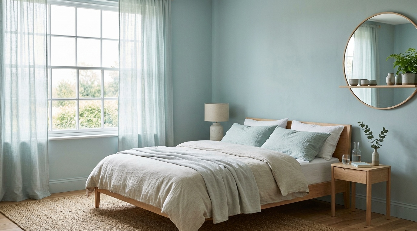 serene bedroom with soft blue-green walls