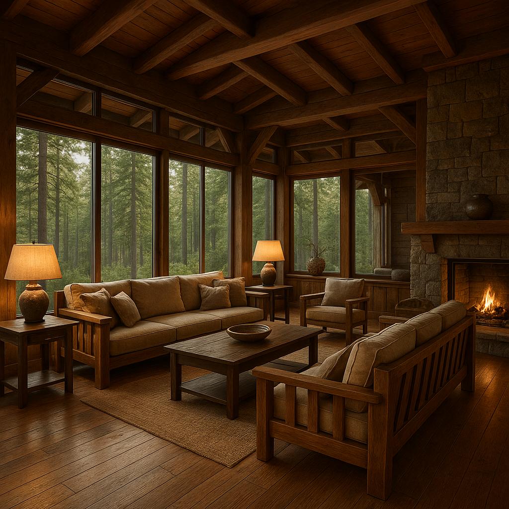 Lodge-Inspired Living Room Design with warm lighting and a calm living room atmosphere.