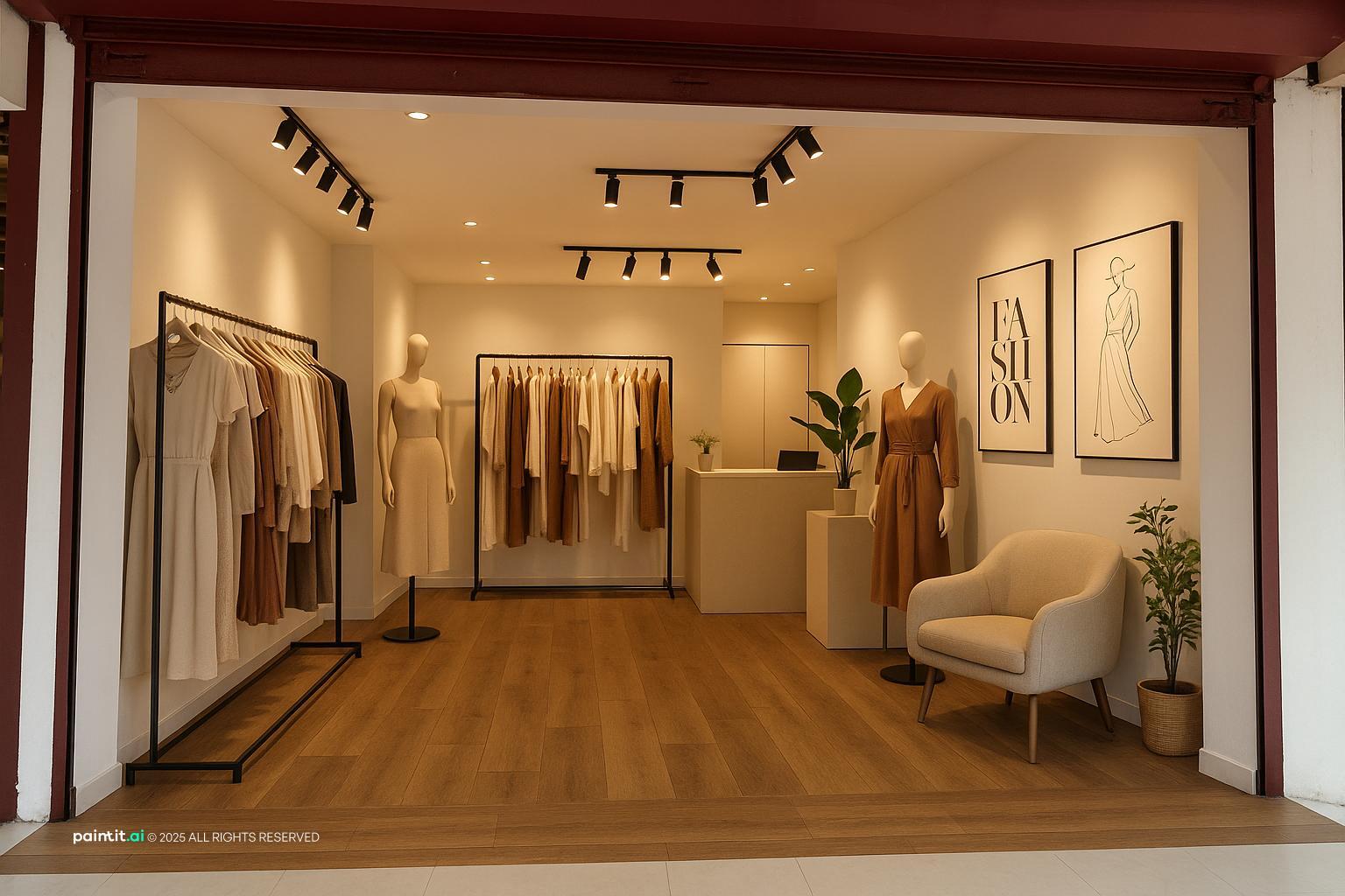 Clothing store with a warm wood floor, wall rails, framed art and an armchair