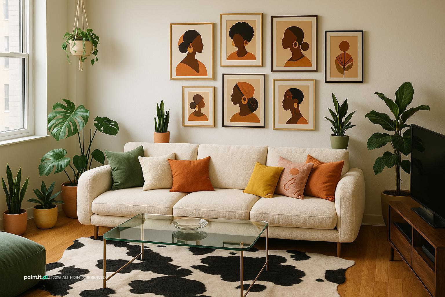 Living room with a black and white cowhide rug, a white sofa, mustard cushions and a gallery wall