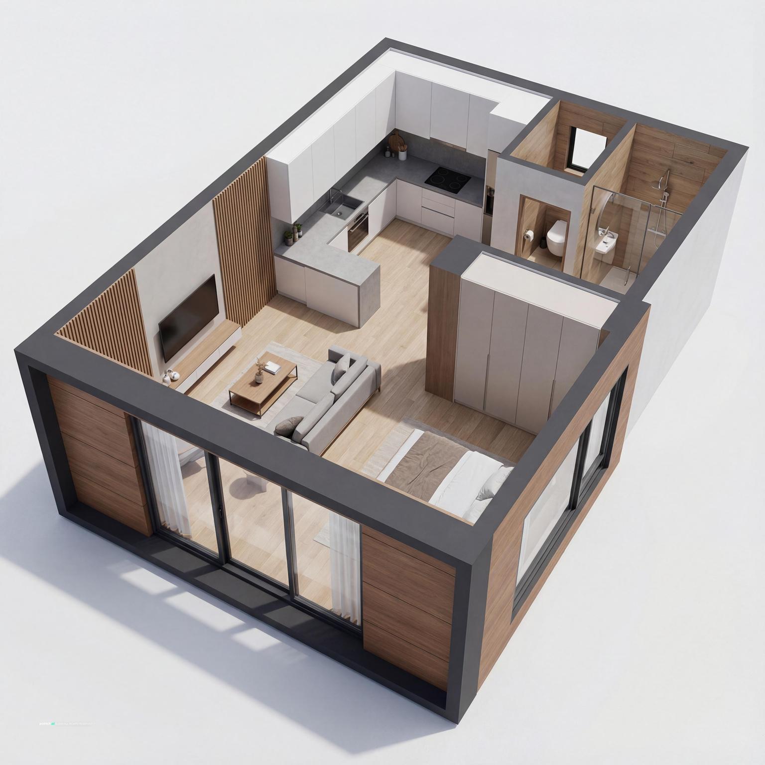 Modern 1 BHK layout for a very small living room, showcasing spacious design ideas with smart furniture placement and light decor.