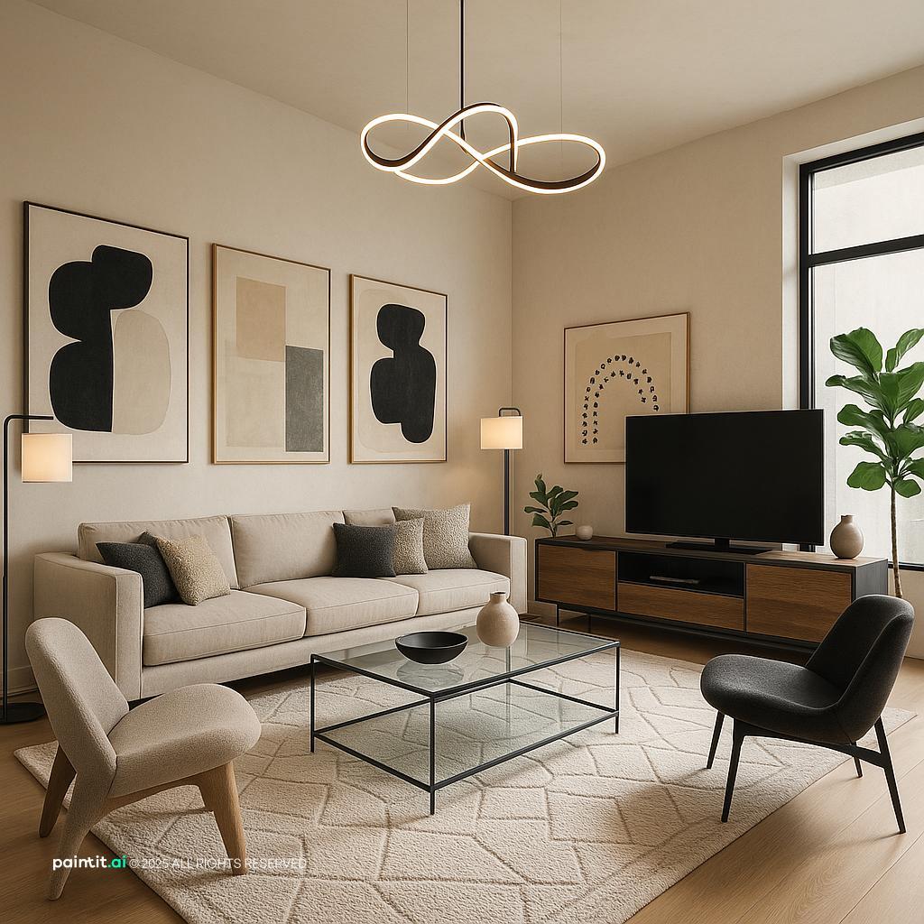 Contemporary Arty Living Room Design showing soft textiles, metal accents, clean-lined furniture for Contemporary Living Room Ideas.