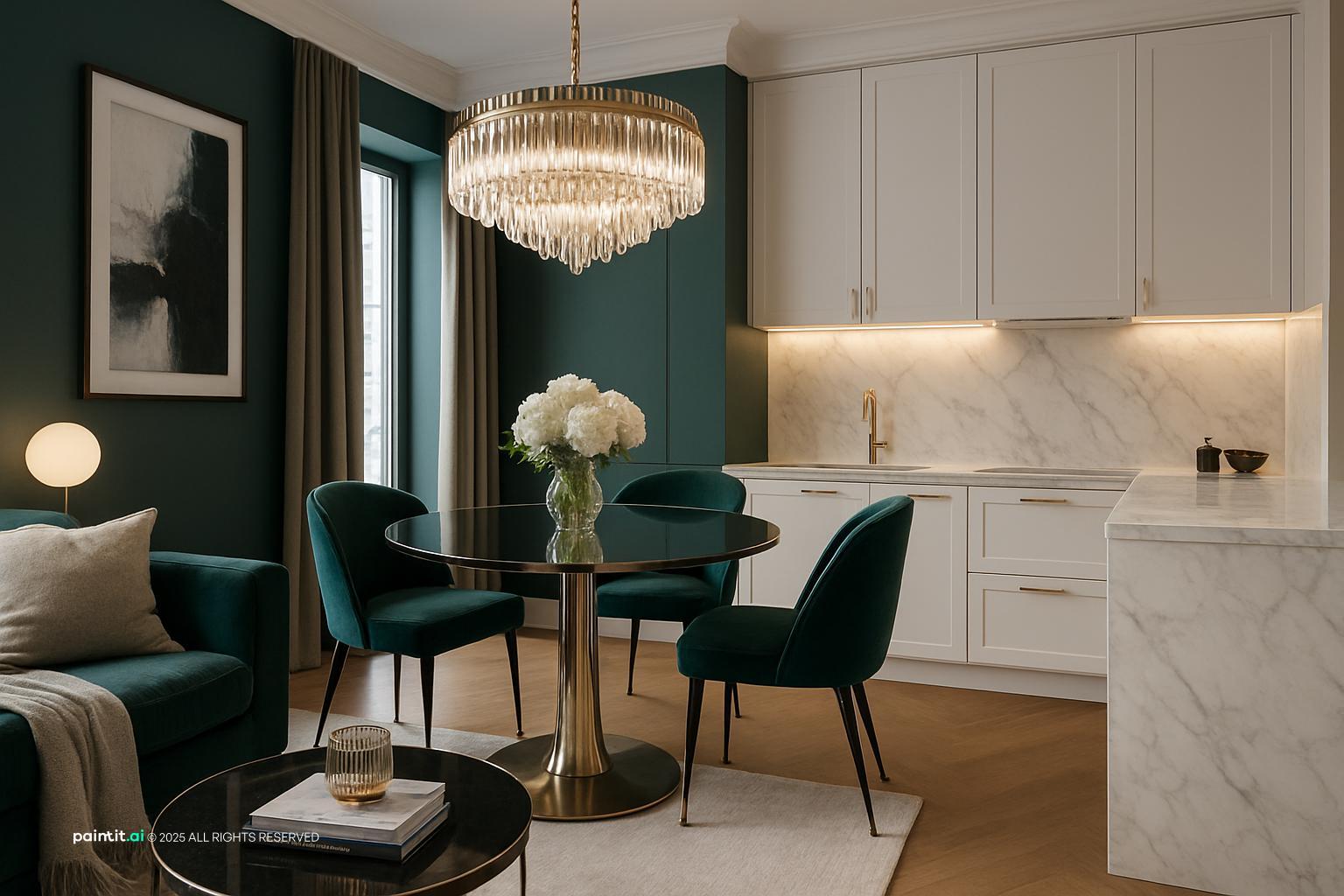 Open dining and kitchen area with dark green walls, velvet dining chairs, a crystal chandelier and a white marble-backed kitchen
