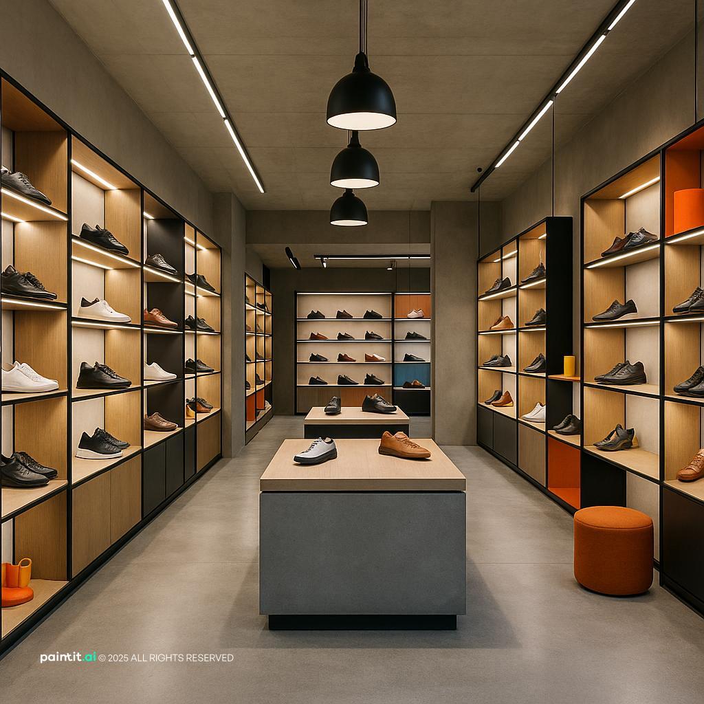 Showroom display with organized retail shelving