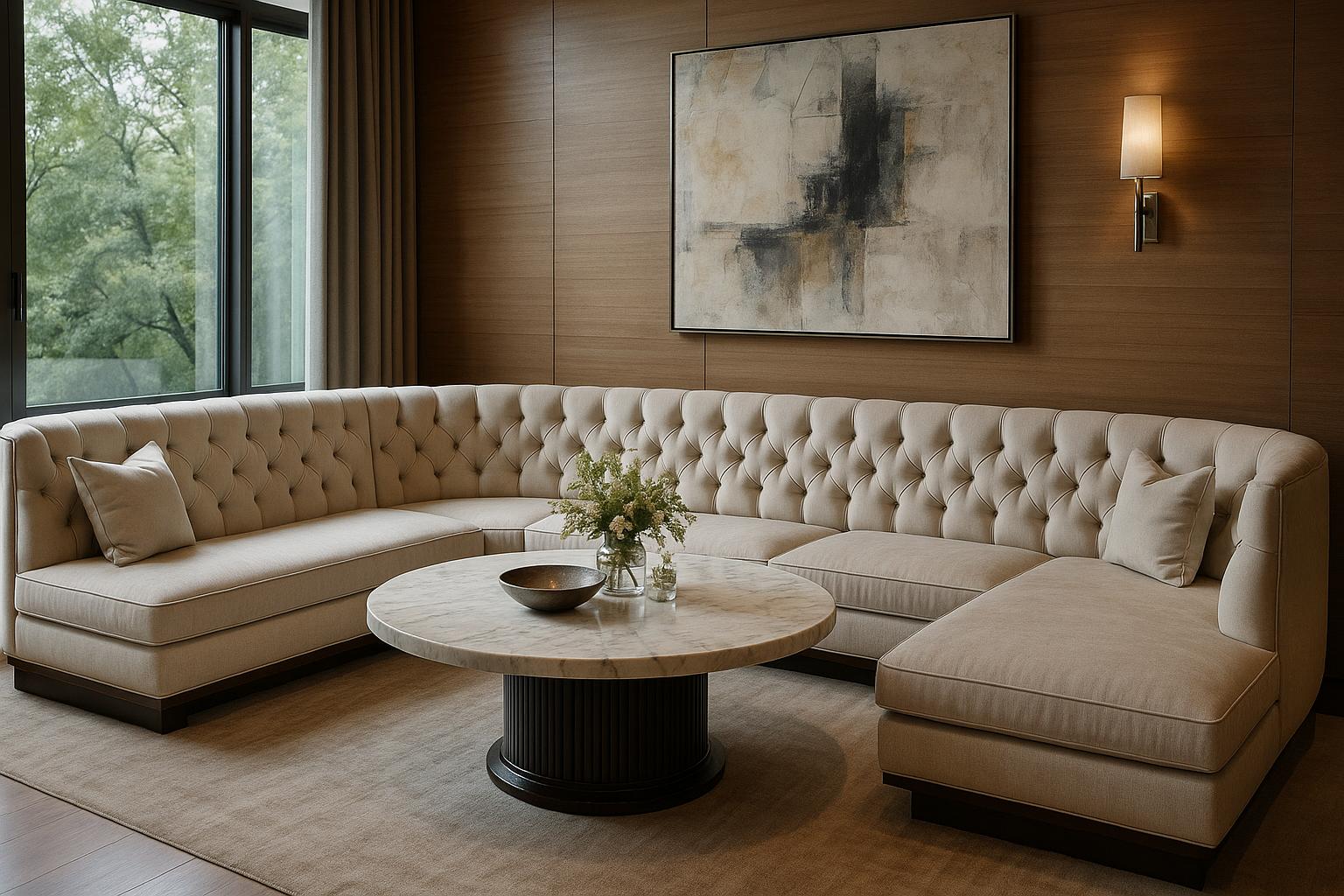 Luxurious 80s living room decor with a plush sectional sofa in soft pastels, complemented by brass and glass accents.