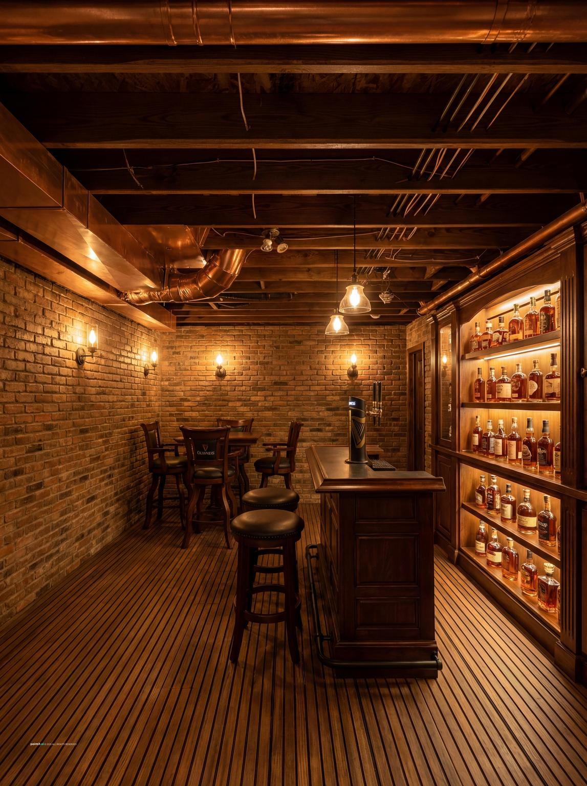 Basement bar with exposed wooden beams, copper details, a wood counter and bottle shelving