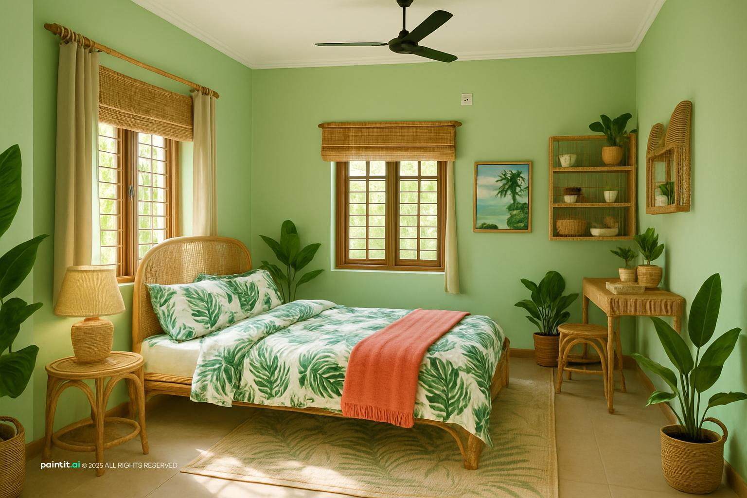 Old Florida coastal interior with rattan wicker seafoam coral beadboard and tropical vintage details 2