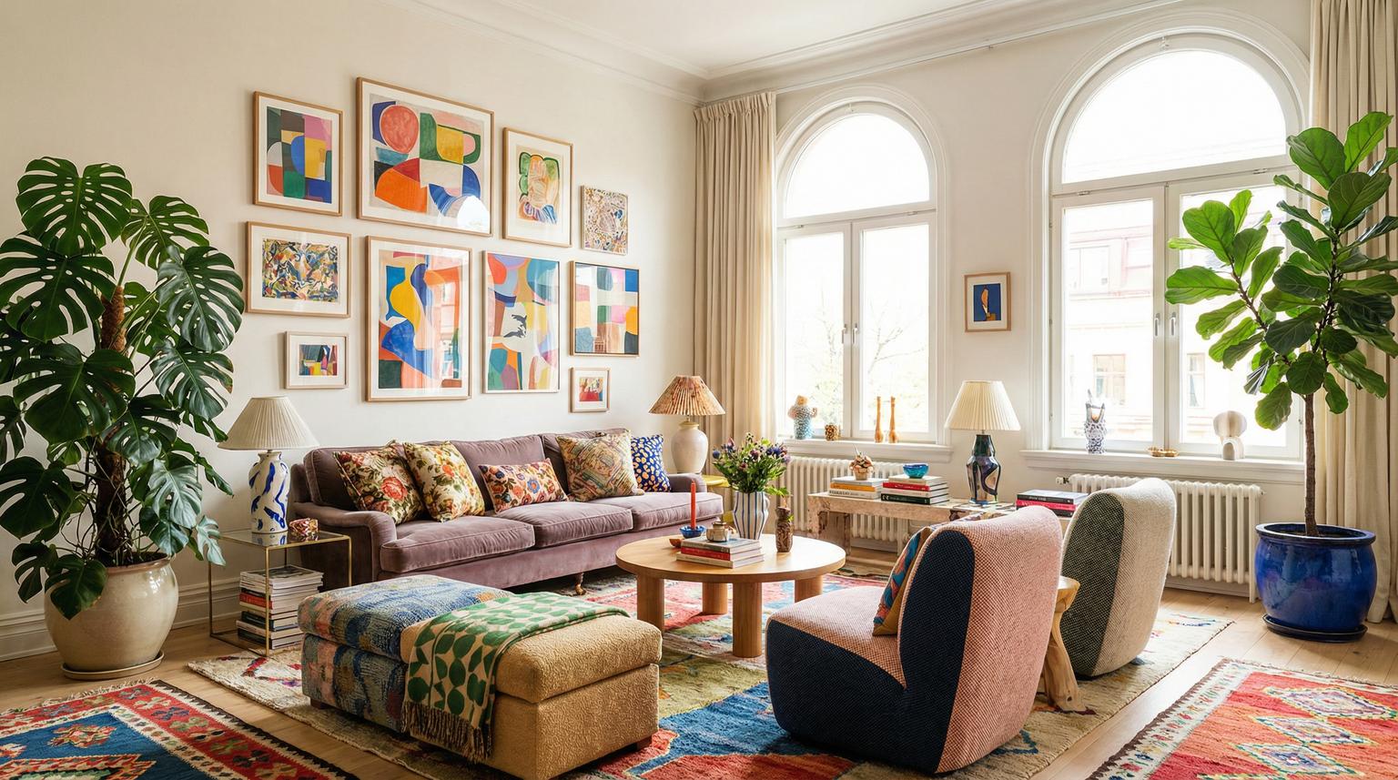 Bright and airy living room design, maximalist dopamine decor