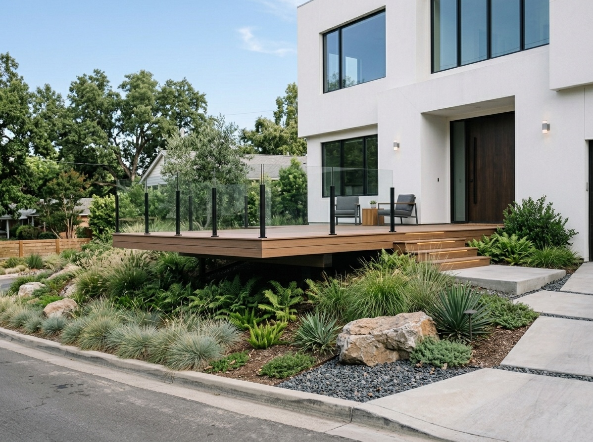 Modern front deck with a dramatic cantilevered corner section floating over a sloped garden with glass panel railings