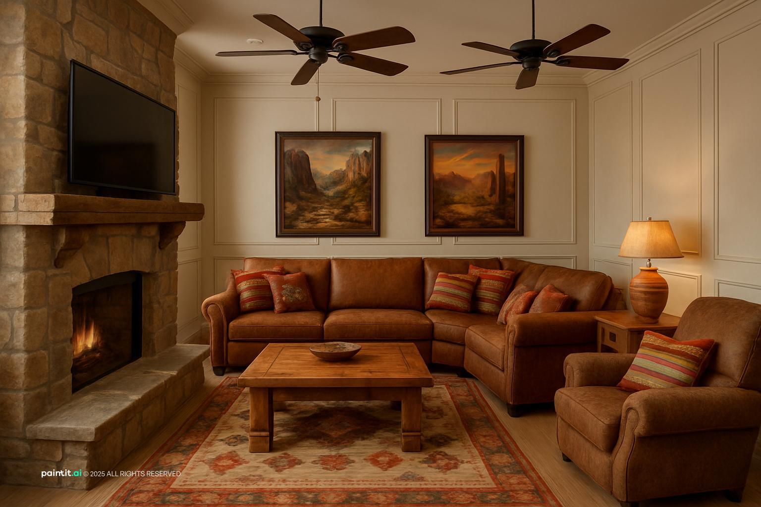 Southwestern living room with a stone fireplace, a leather sectional, a geometric rug and ceiling fans