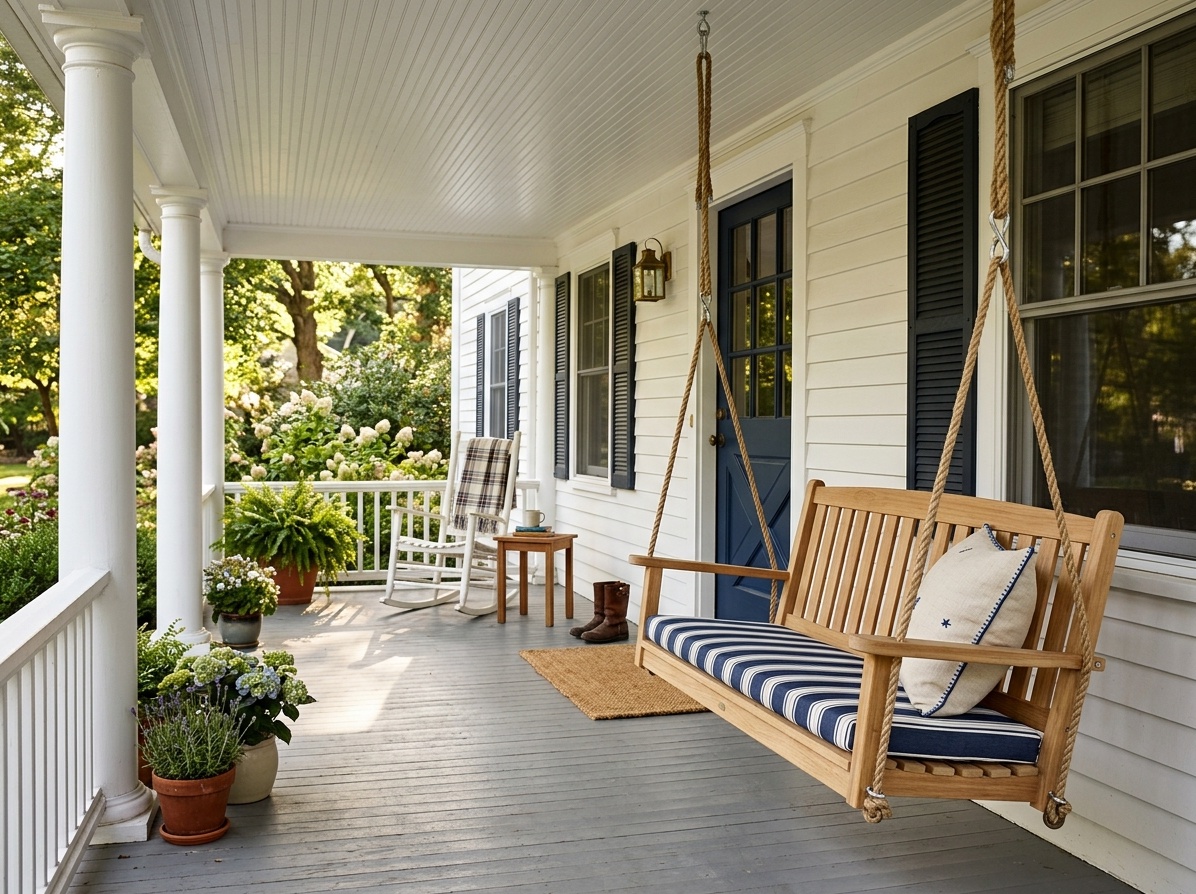 Classic front porch with natural wood swing suspended by rope  from the ceiling, striped navy cushion and white columns