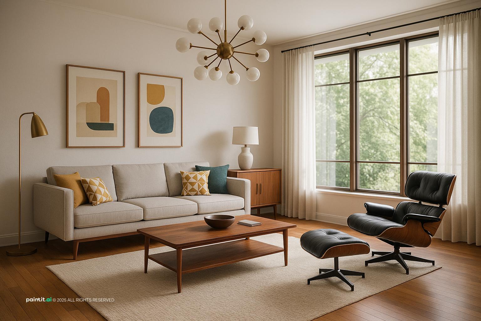 Mid-Century Modern Living Room Design showing teal accents, warm wood, soft textiles for Teal Living Room Ideas.