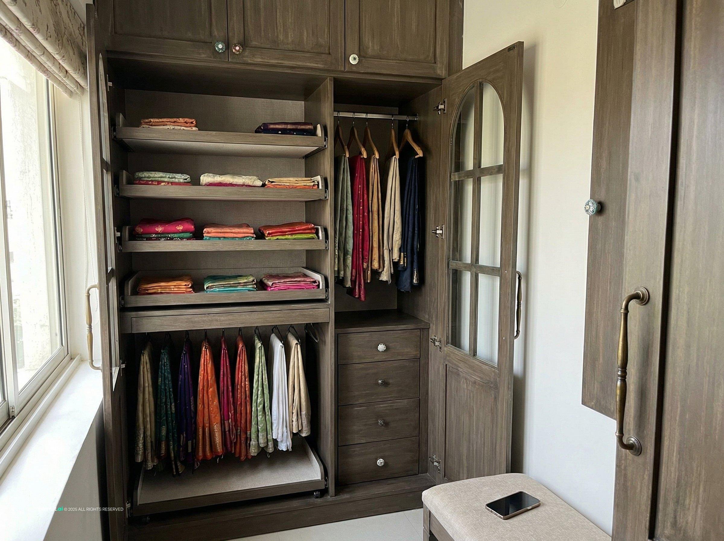 Compact vintage-style display cabinet with colorful garments on shelves and rails