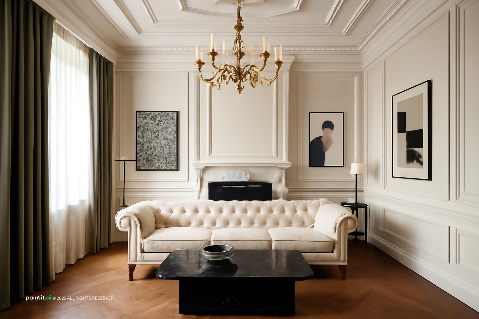 White paneled living room with a cream Chesterfield sofa, a black coffee table and wall sconces