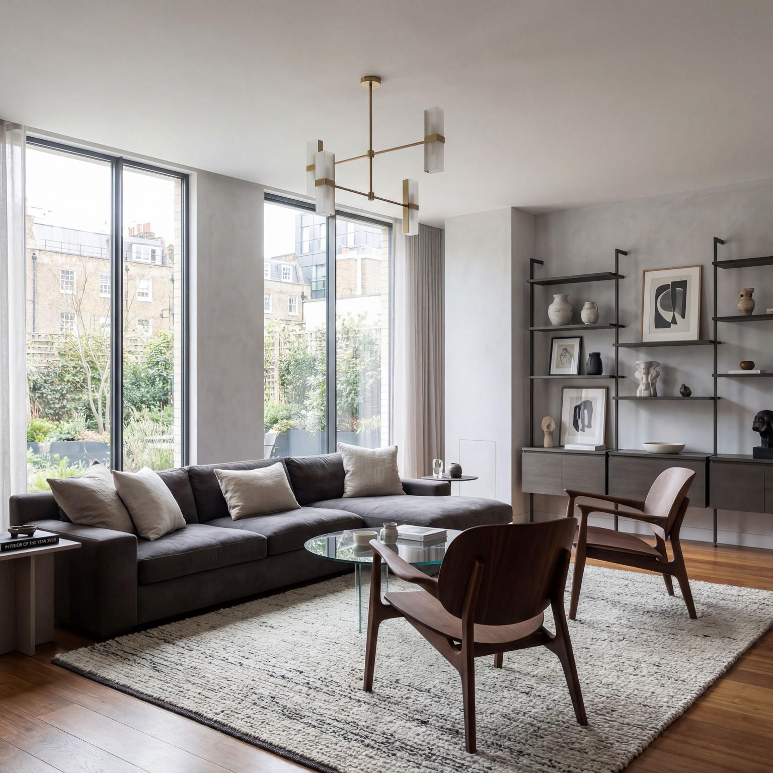 Stunning 80s inspired contemporary living room design, featuring avant-garde shapes, reflective surfaces, and a dynamic retro mood.