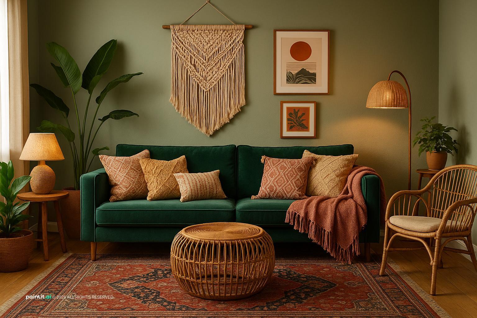 Cozy Boho Living Room Design with beige and rug and a calm living room atmosphere.