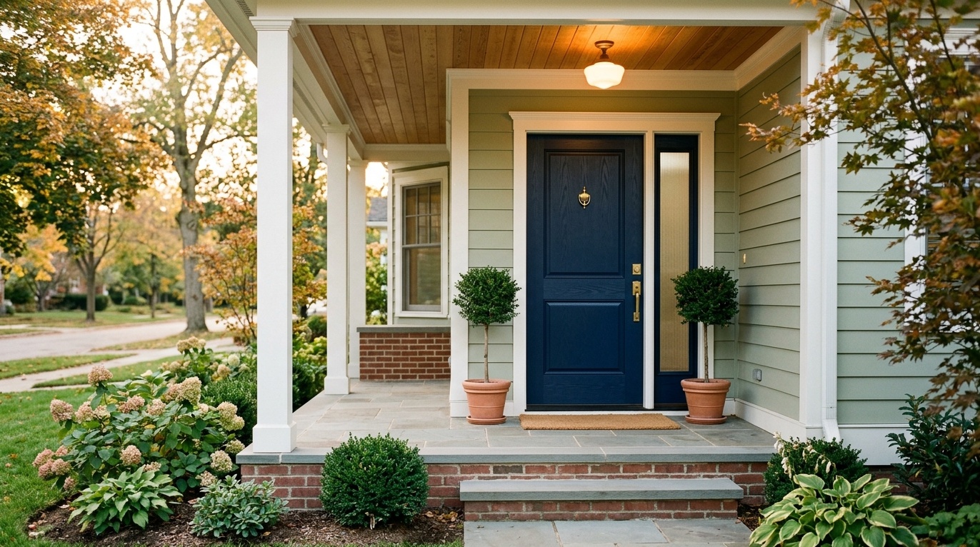 deep navy fiberglass front door with faux-wood grain texture and satin finish, frosted glass side panel