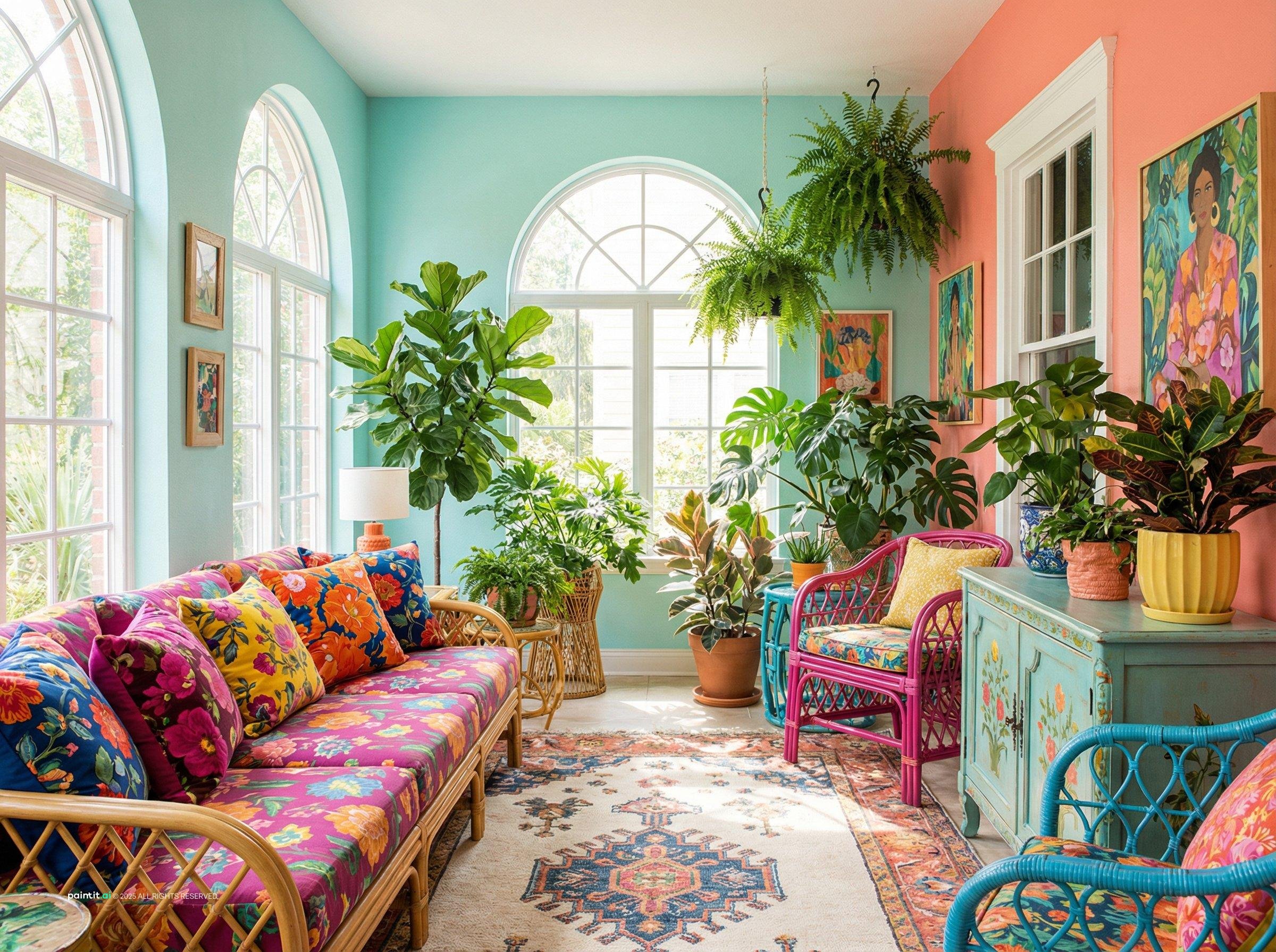 Tropical sitting room with arched windows, colorful patterned sofas, rattan chairs and many plants