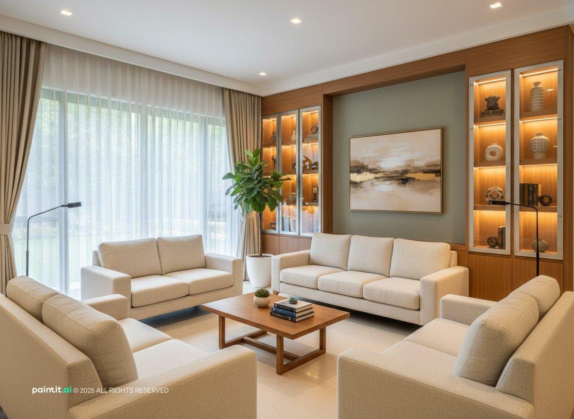 Living room with walnut wall niches lit from inside and cream sofas