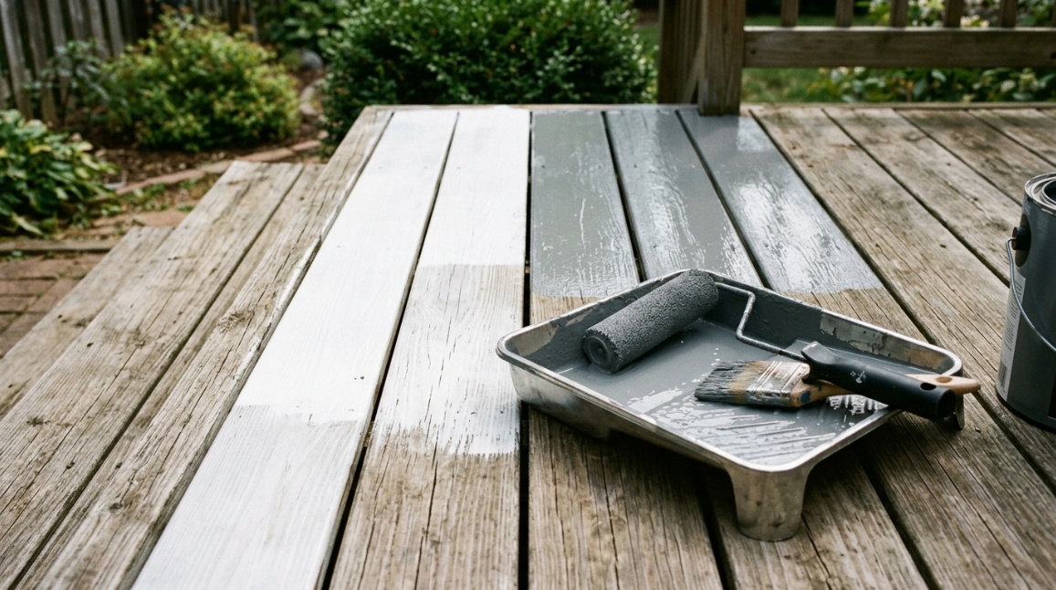 deck board mid-painting process, roller and angled brush resting on a paint tray with gray paint