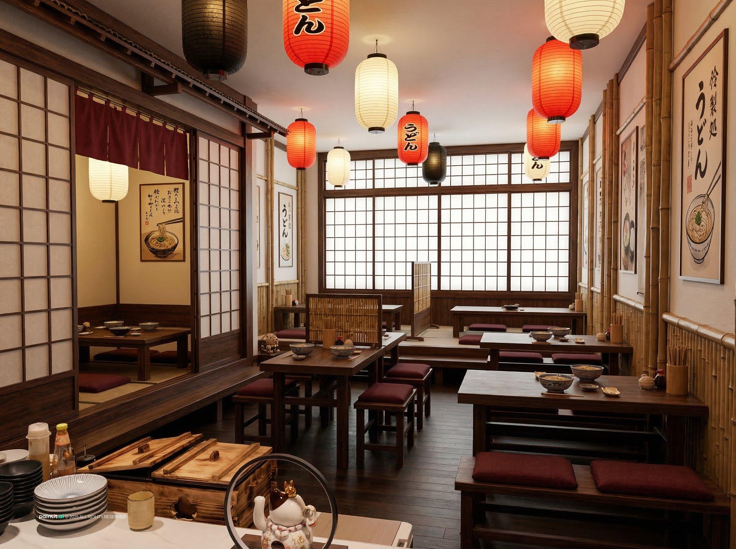 Japanese-style restaurant with red paper lanterns, shoji screens and low wooden tables