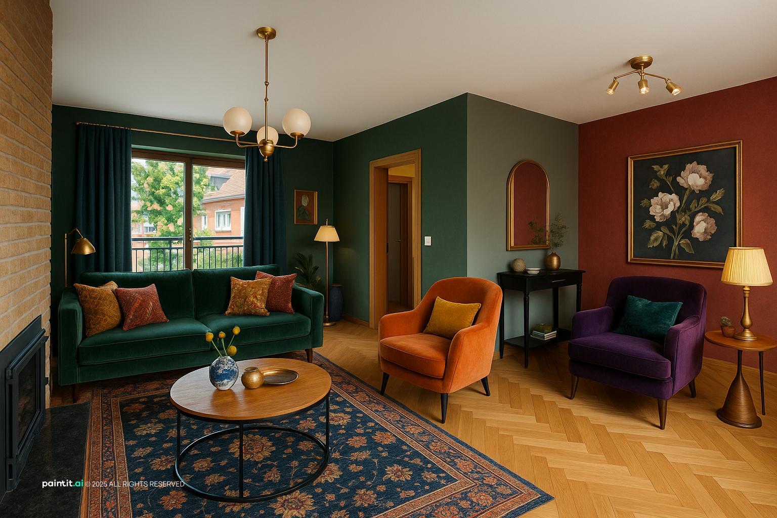 Living room with deep green walls, a green velvet sofa, an orange accent chair and oak parquet