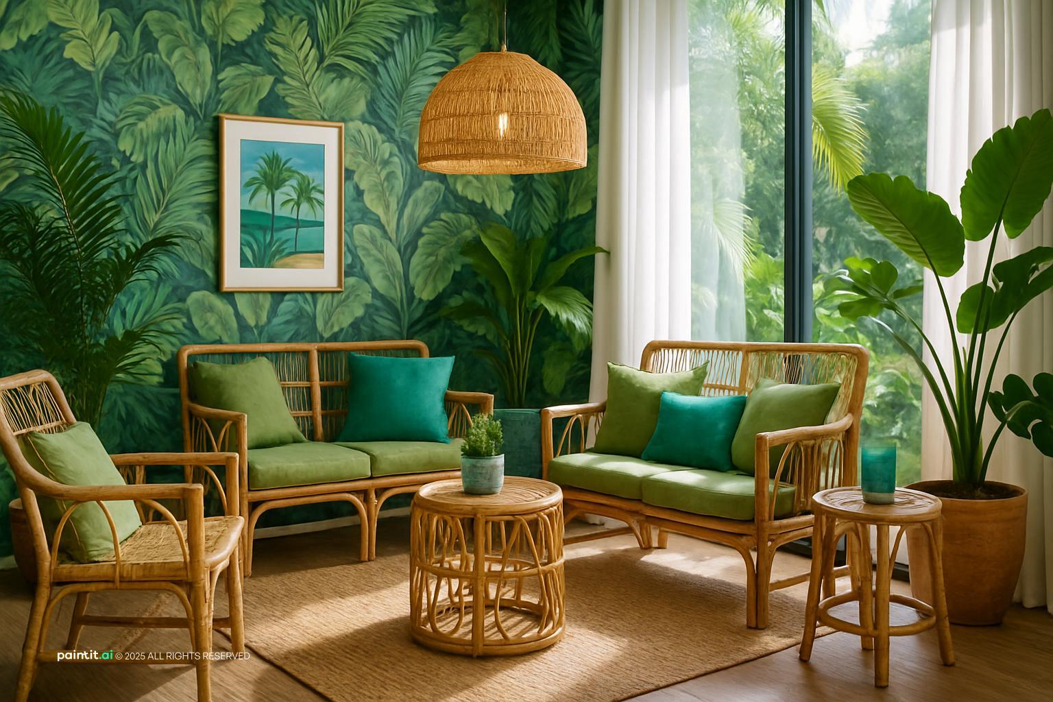 Tropical room with bamboo texture and lush indoor greenery