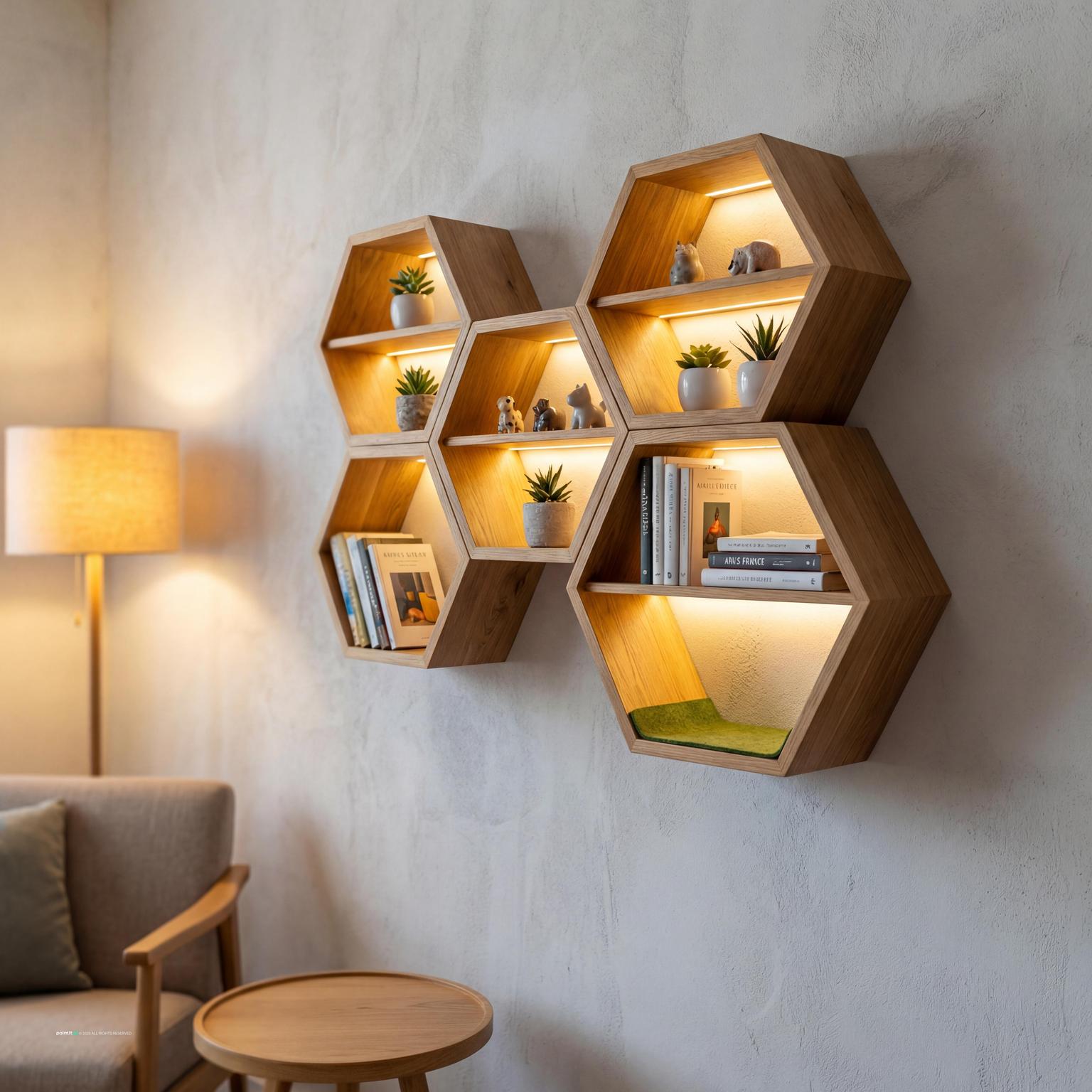 Room with display shelving and patterned feature wall