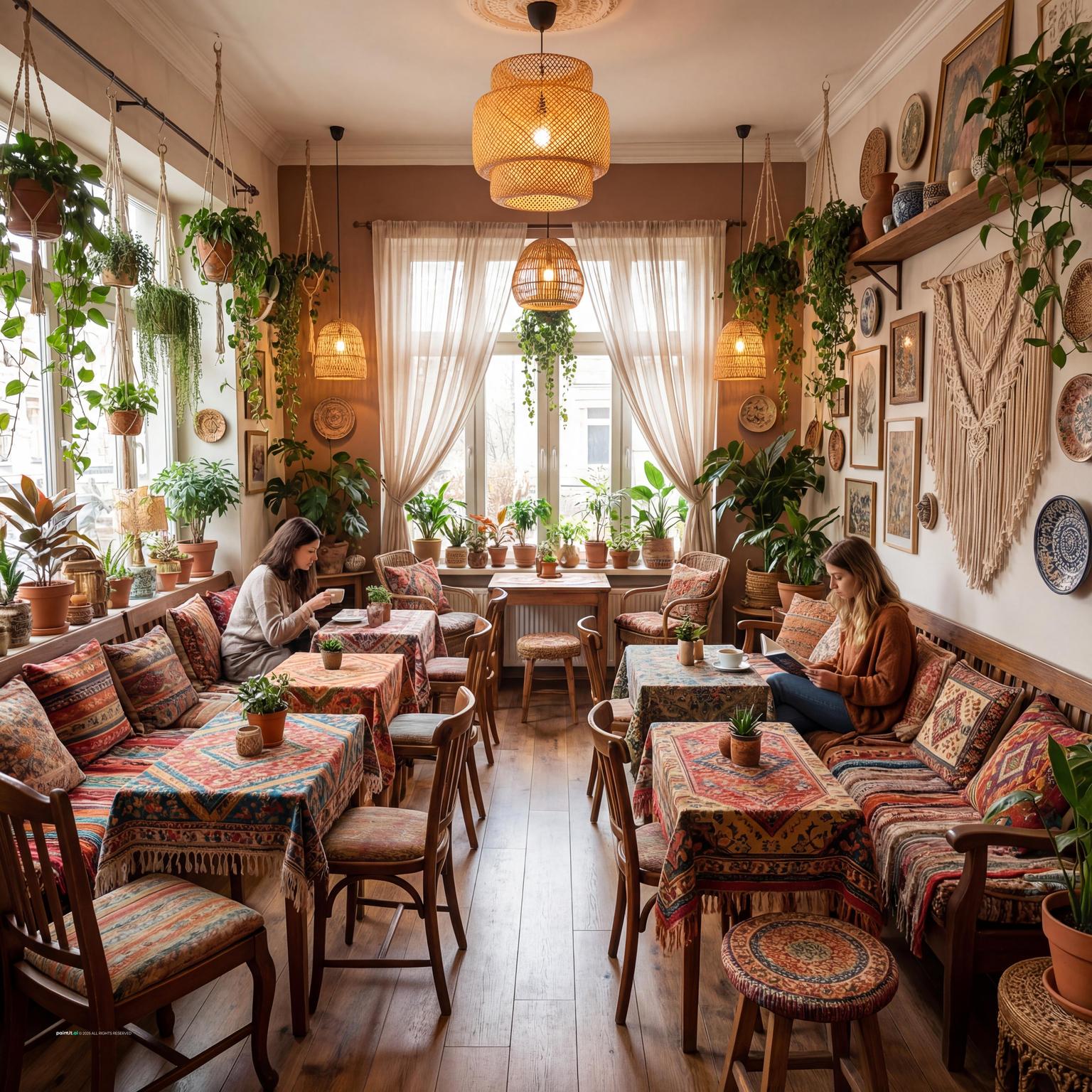 Bohemian cafe interior with cozy seating