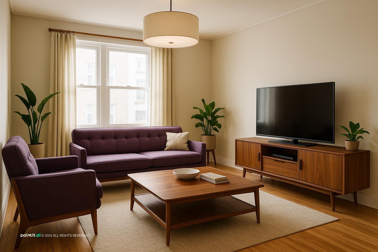 Mid-Century Modern Living Room Design with Cozy Softness showing cozy softness, warm wood, plants and greenery for Cozy Living Room Ideas.